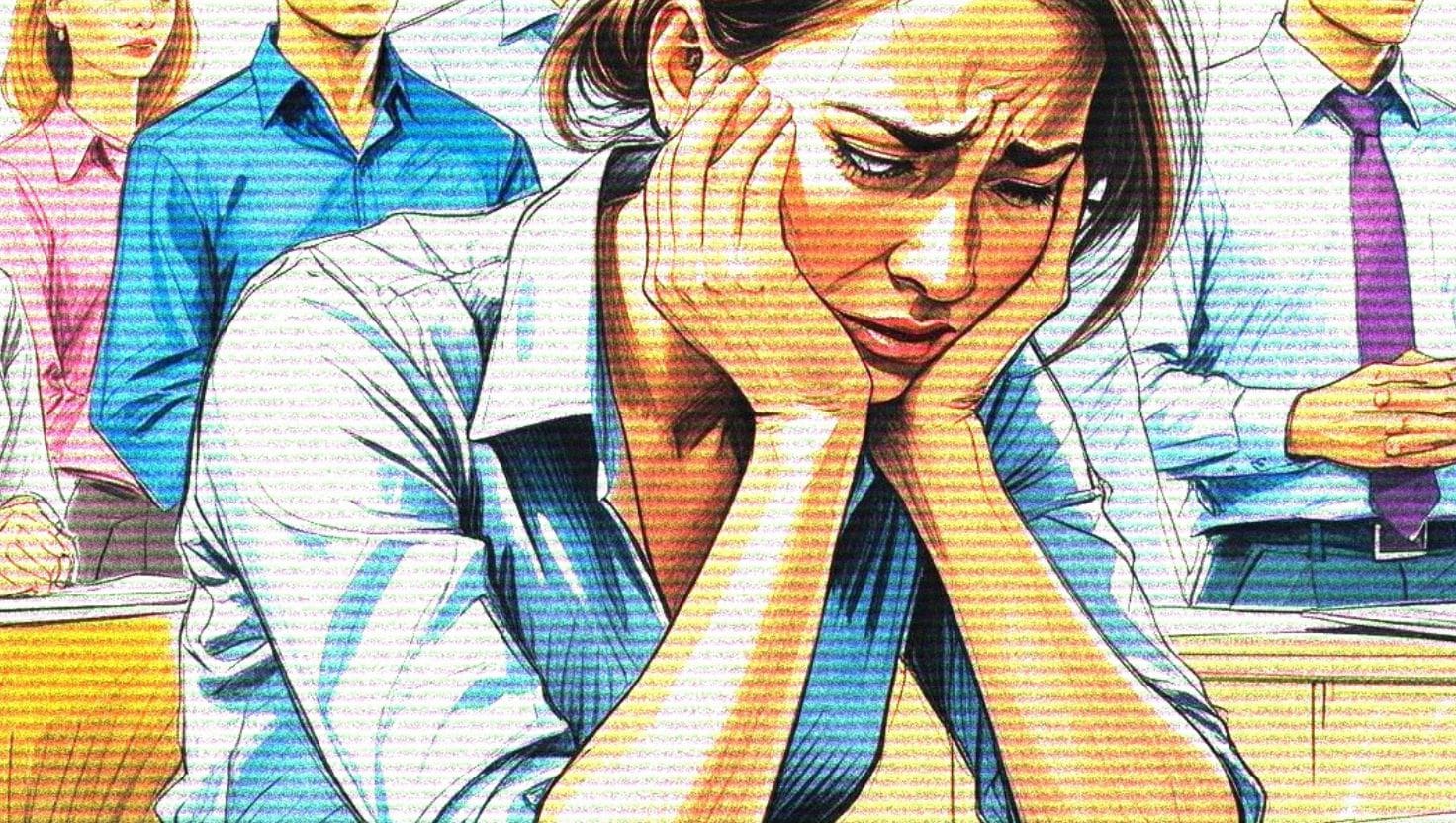 A woman is sitting at a desk with her head in her hands.